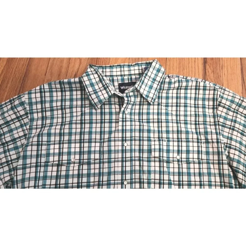 Wrangler Shirt 2XL Teal White Western Pearl Snap Long Sleeve Check Plaid - Picture 4 of 9